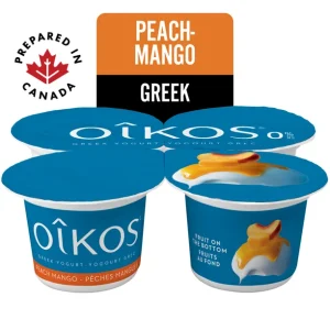 Oikos Greek Yogurt, Peach-Mango, Fruit on the Bottom, 0% M.F., 4 x 100 g